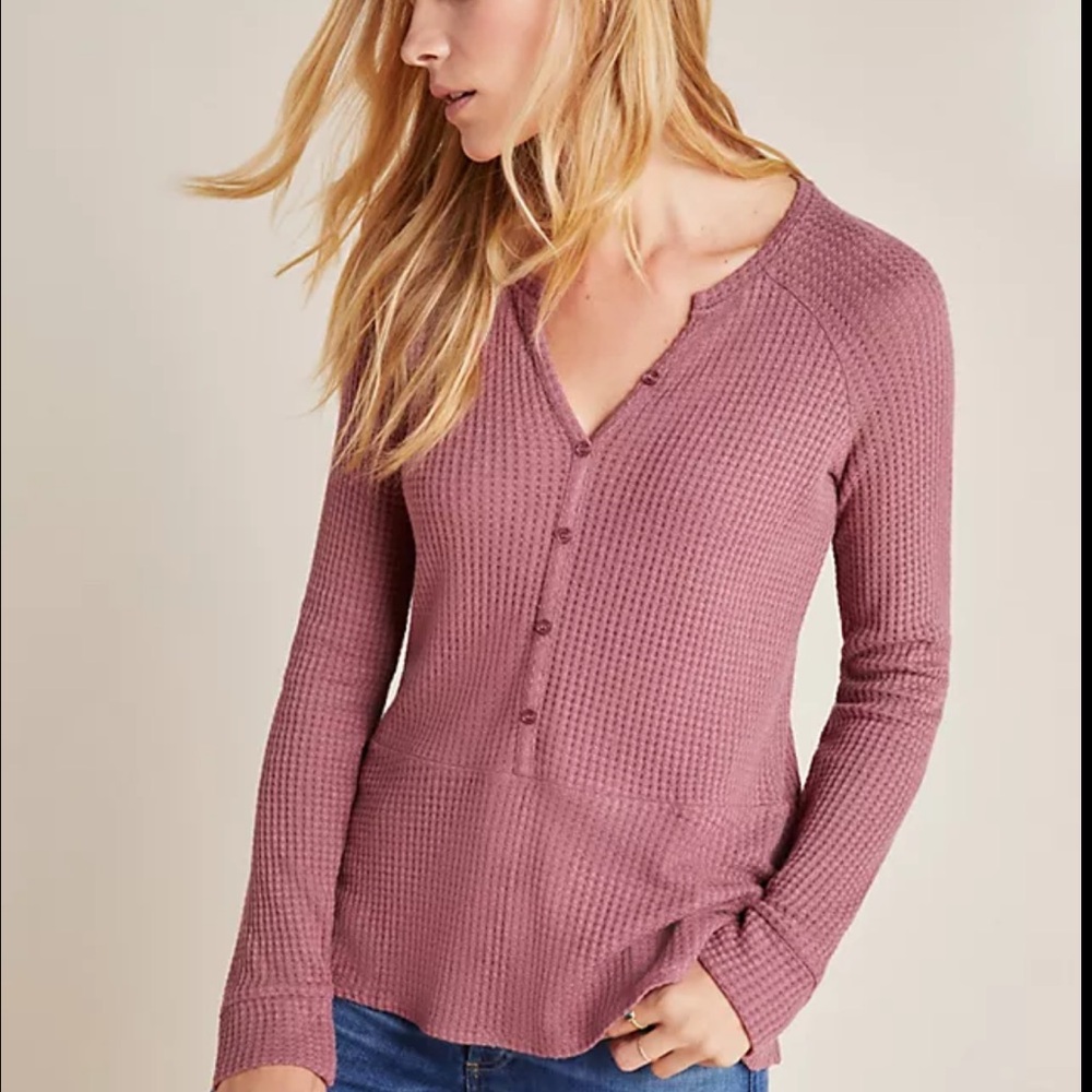 By Anthropologie Monique Henley waffle nut Peplum Top M